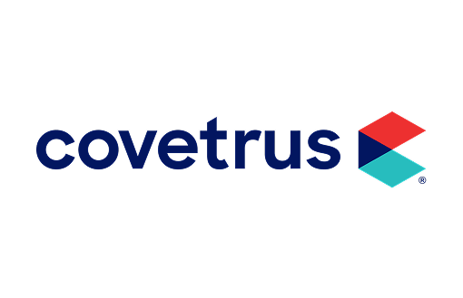 Covetrus logo with blue text and blue, red, and teal geometric design on a white background.