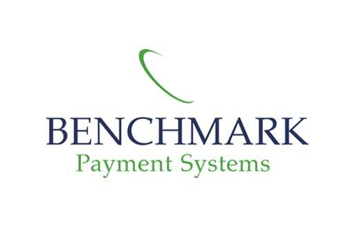 Benchmark Payment System's logo features black and green text with a green curved line above.