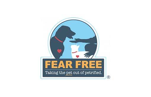 Fear Free, LLC logo with silhouettes of dogs and a cat being petted reads: "Fear Free: Taking the pet out of petrified".