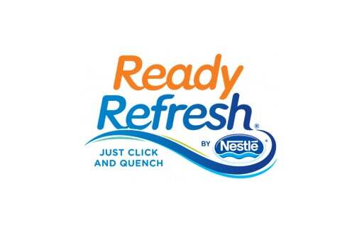 Logo featuring "Ready Refresh" in orange and blue, "by Nestlé Waters" in a circle, and "Just Click and Quench" below.