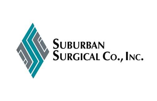 "Suburban Surgical" logo features a sleek, diamond shaped geometric design in teal and gray.