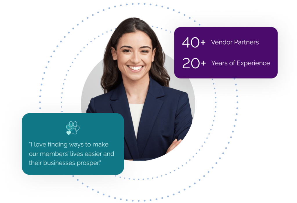 Smiling woman in a navy blazer with text: "40+ Partner Programs," "20+ Years of Experience," and "I love finding ways to make our members’ lives easier and their businesses prosper."