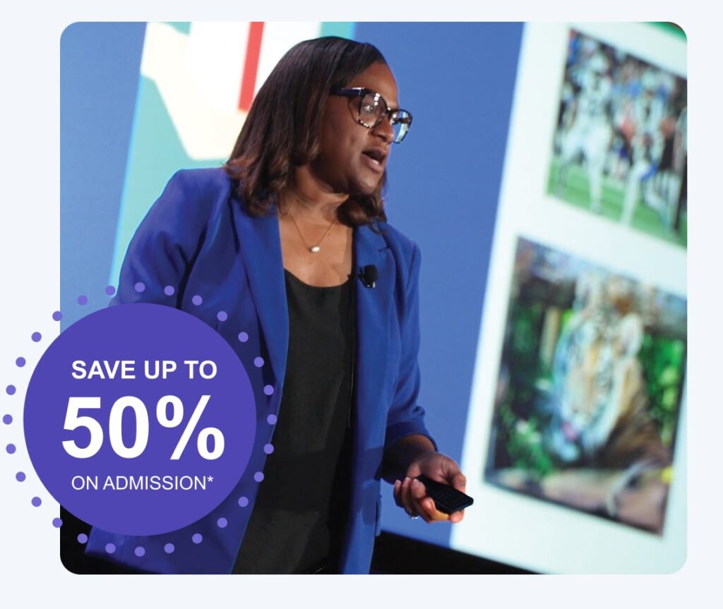 A woman giving a talk at a conference. Overlaid over the photo is a circle with the text "Save up to 50% on admission*"