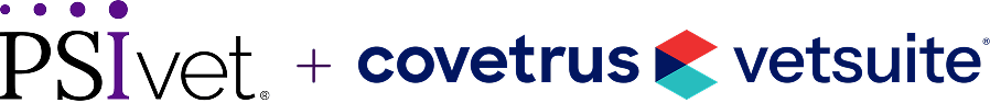 The PSIVet logo, a plus sign, and the Covetrus vetsuite logo.