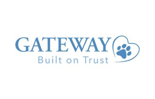 "Gateway Built on Trust" logo in blue, featuring a heart and paw design for Gateway Pet Memorial services.