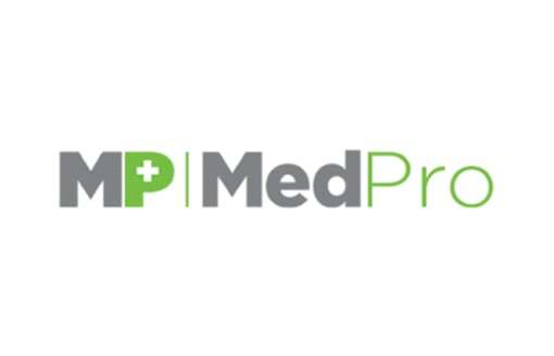 MedPro logo, the letters "MP" in gray and green with a plus sign icon within the negative space of the "p"; a thin line separates "MP" from "MedPro".