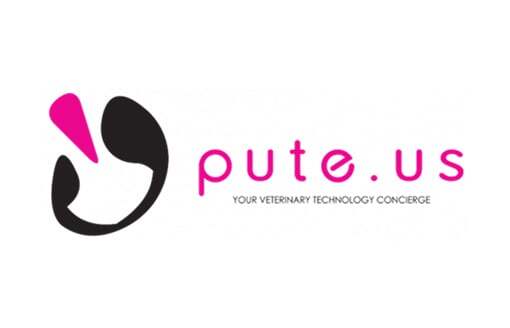 Pute logo with abstract black shape, pink accent, and the text "pute.us Your Veterinary Technology Concierge".