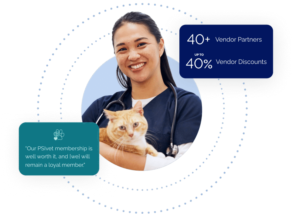Veterinarian holding cat with text: 40+ Vendor Partners. Up to 40% Vendor Discounts. "Our PSIvet membership is well worth it, and [we] will remain a loyal member."