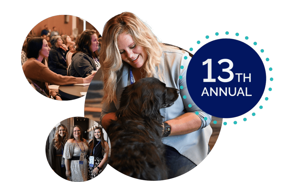 PSIvet symposium collage with attendees, a woman petting a dog, and a “13th Annual” graphic.