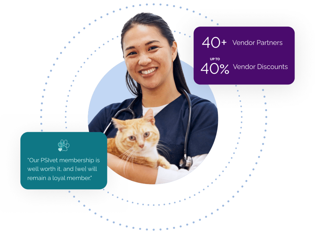 Smiling woman in blue scrubs holding orange cat, surrounded by concentric dotted circles. Text: "Our PSIvet membership is well worth it, and [we] will remain a loyal member." "40+ Vendor Partners, Up to 40% off with Vendor Discounts."