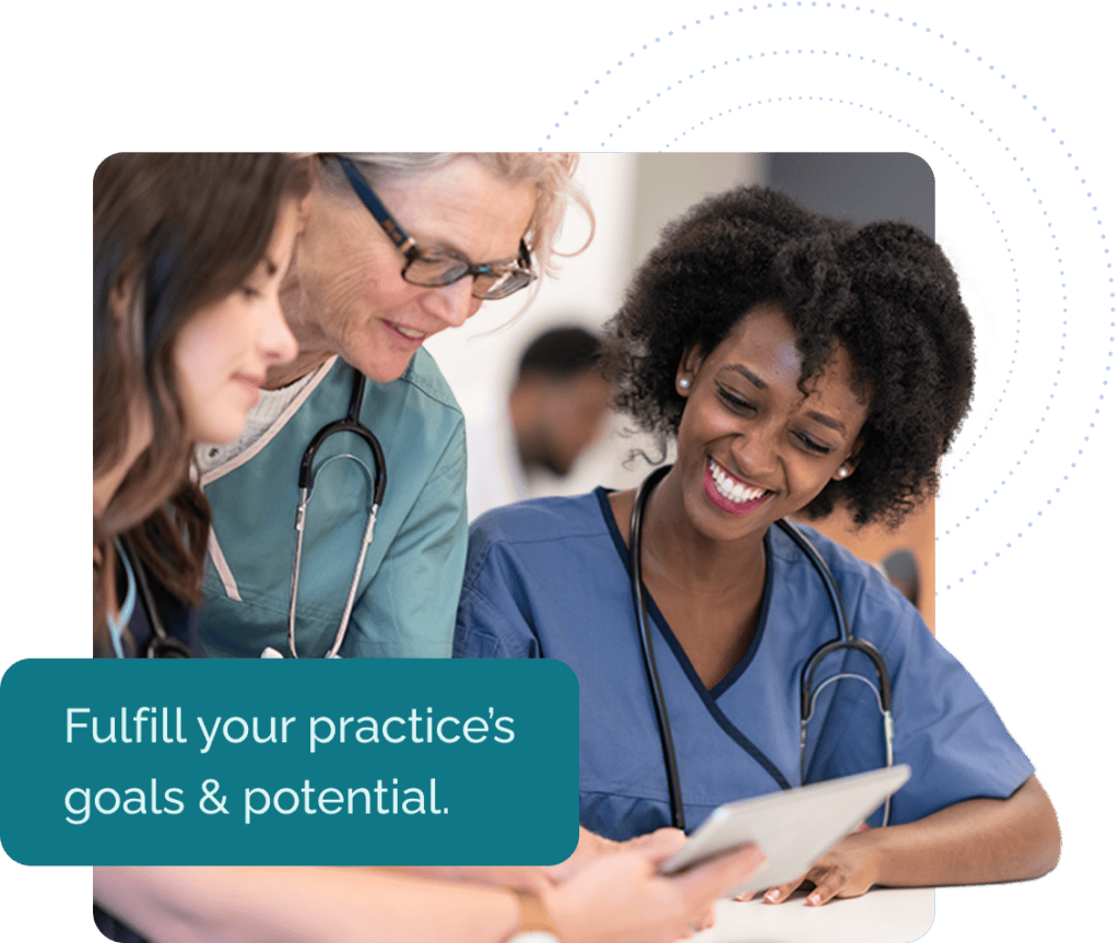 Three healthcare professionals discuss information on a tablet. Text reads, "Fulfill your practice's goals & potential".
