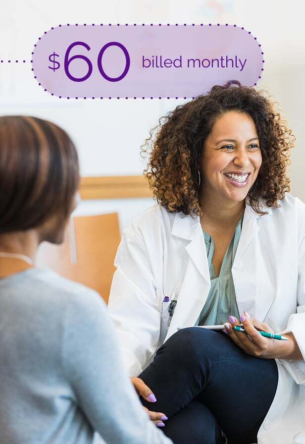 A healthcare professional smiling at a patient with "$60 billed monthly" text above them.